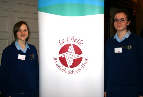 Pupils from Maryfield College(left)  Sr Carmel Gorman CP and pupils from Cross and Passion College Kilcullen at the Le Cheile Conference February 3rd 2017
